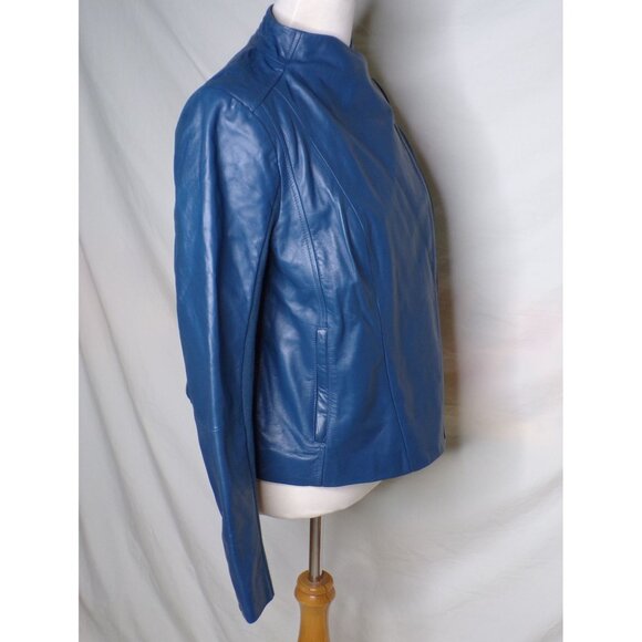 🆕 NORDSTROM Leather Moto Zip Jacket Blue Large (10-12) - Picture 7 of 10